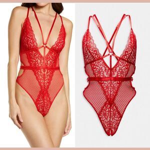 NEW Ann Summers [ 12/14 Large ] Obsession Open Gusset Lace & Mesh Teddy Red 6335